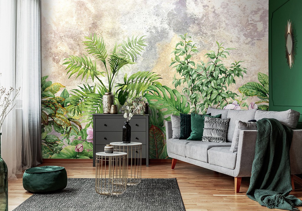 Флізелінові фотошпалери на кухню 368x280 см Тропічні квіти на стіні (13881V10)+клей