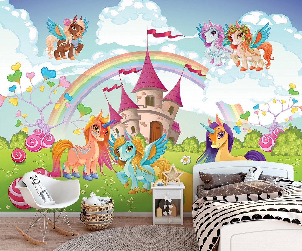 Флизелиновые фотообои замки и дворцы 312 x 219 см Детские - Сказочный край единорогов (13882VEXXL)+клей