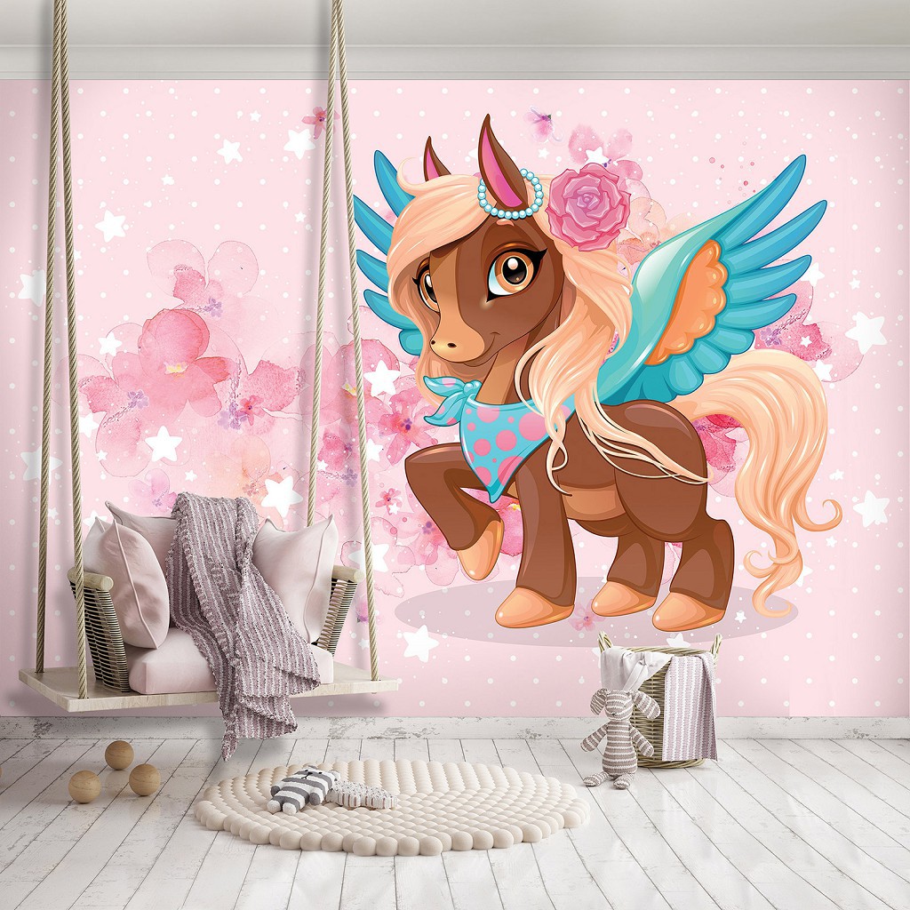 Флизелиновые фотообои для девочке в комнату 416 x 254 см Детские - Коричневое пони (13883VEXXXL)+клей