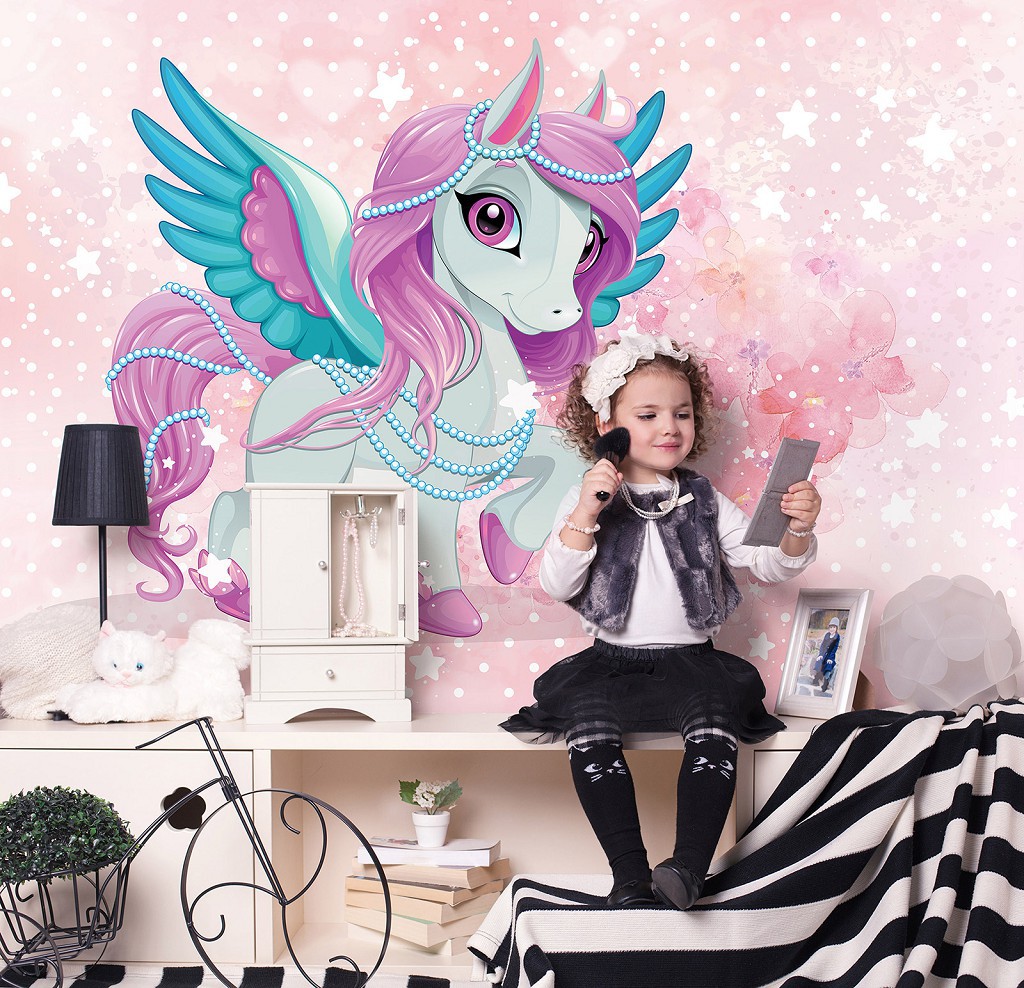 Дитячі флізелінові фотошпалери 416x254 см Світло фіолетове поні (13886VEXXXL)+клей