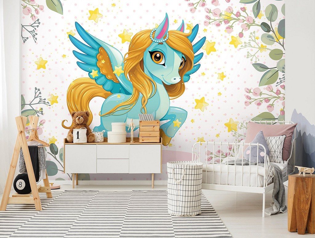 Фотообои флизелиновые 416 x 290 см Детское - Светло голубое пони (13888VEXXXXL)+клей