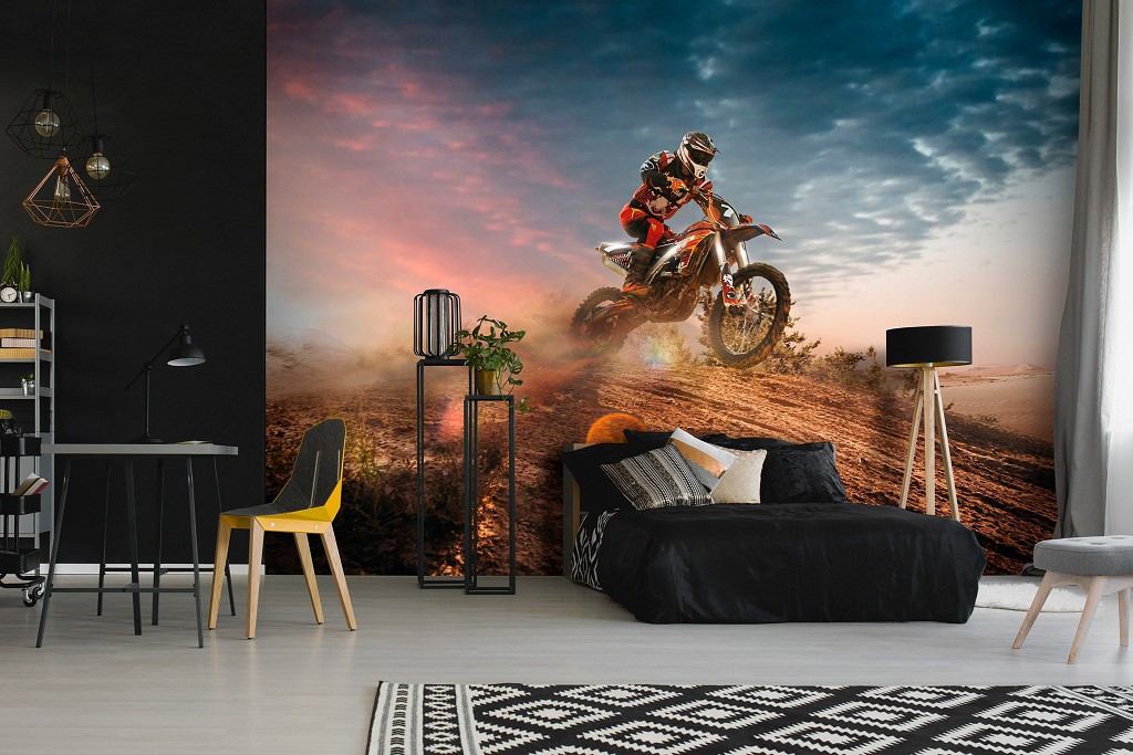 Флизелиновые 3D фото обои в детскую для мальчика 416 x 254 см Спорт - Гонщик на мотоцикле (13893VEXXXL)+клей