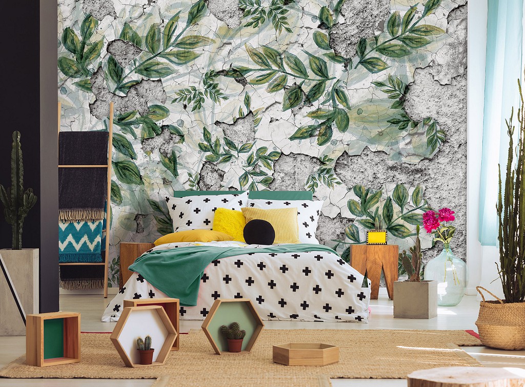 Флизелиновые фотообои имитация бетона 312 x 219 см Цветы - Зеленые листья на старой стене (13900VEXXL)+клей