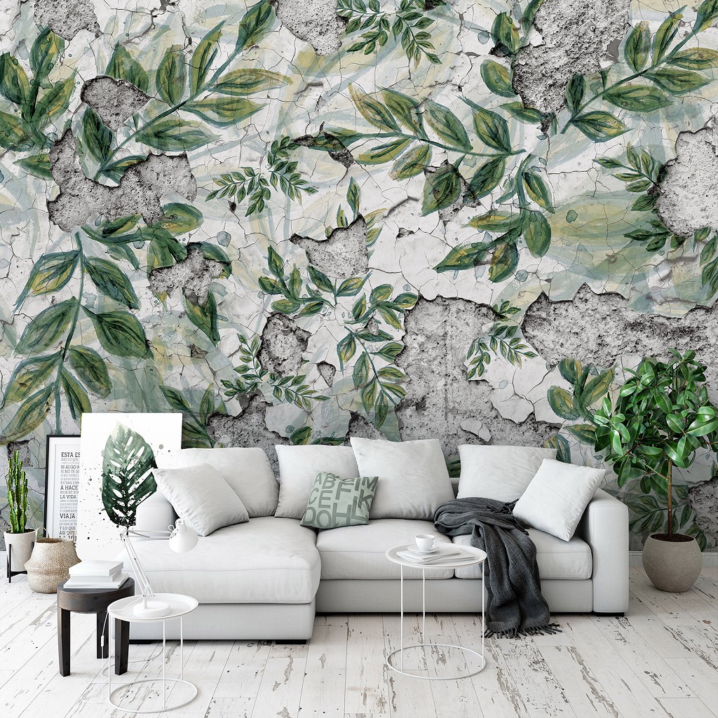 Флізелінові фото шпалери в інтер'єрі 254 x 184 см Квіти - Зелене листя на старій стіні (13900V4)+клей