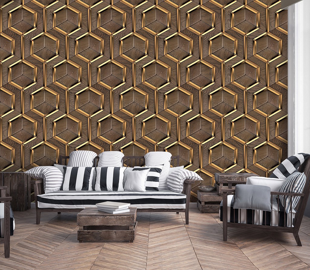 Геометрические флизелиновые фотообои 520 x 318 см Соты - Золотые шестиугольники на дереве (13901VEXXXXXL)+клей