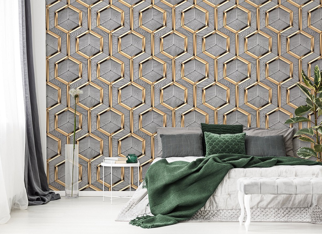 Геометрия на флизелиновых фото обоях 368 x 254 см Соты - Золотые шестиугольники на сером дереве (13902V8)+клей