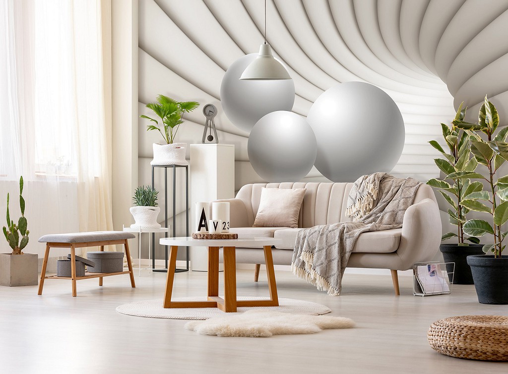 Флизелиновые фотообои абстрактные 3D 416 x 290 см Шары и туннель в бежевом цвете (13906VEXXXXL)+клей