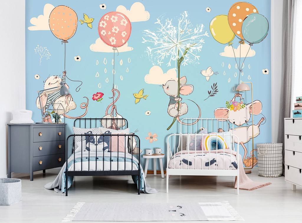 Фотошпалери флізелінові для дітей 254 x 184 см Щасливі мишенята на повітряній кулі (13910V4)+клей
