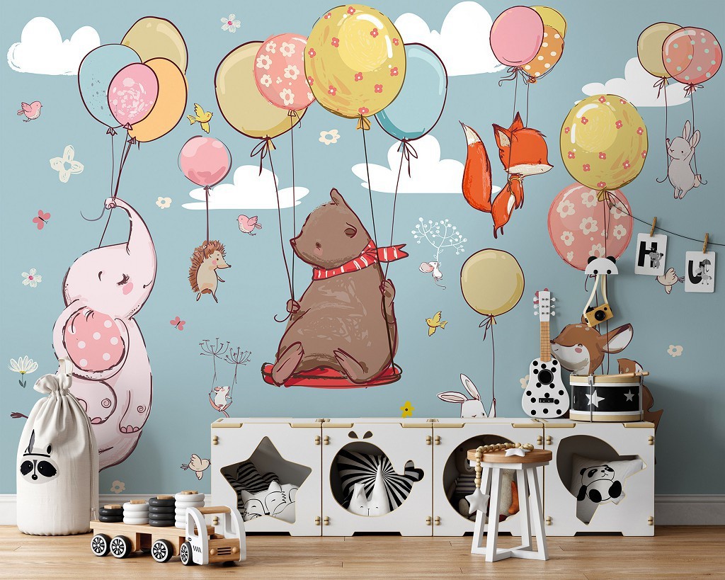 Фотообои флизелиновые детские 416 x 254 см Счастливые зверята на воздушном шаре (13911VEXXXL)+клей