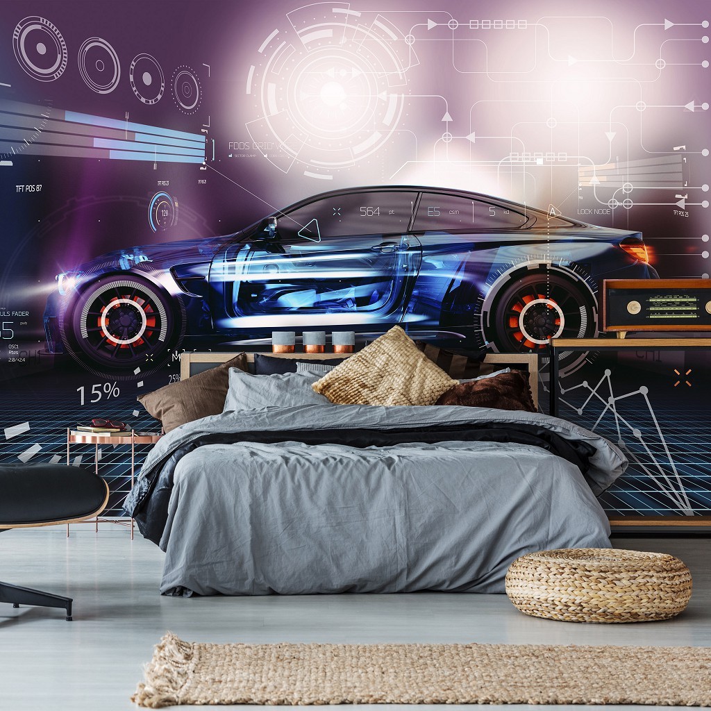 Фотообои 3D флизелиновые 368 x 254 см Неоновая машина для мальчика (13913V8)+клей