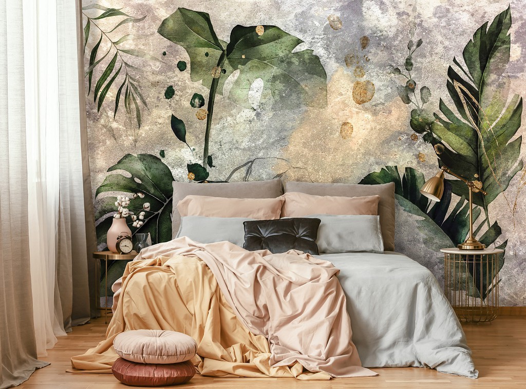 Фотообои флизелиновые 368 x 254 см Акварельные зеленые листья на бетоне (13923V8)+клей