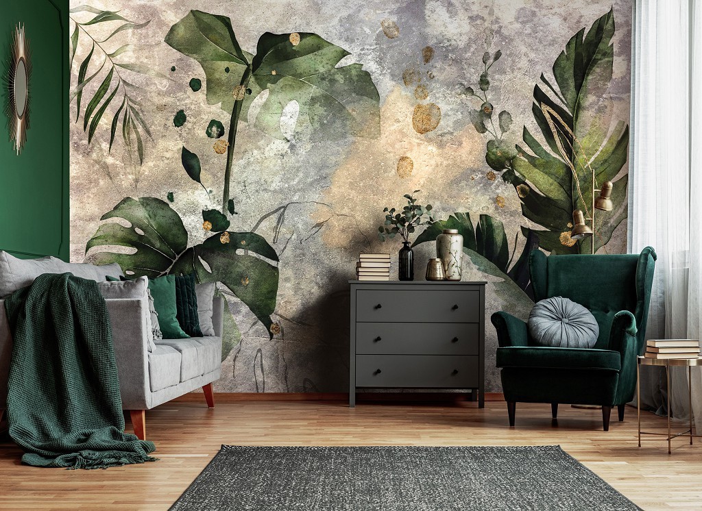 Фотообои флизелиновые 416 x 254 см Акварельные зеленые листья на бетоне (13923VEXXXL)+клей