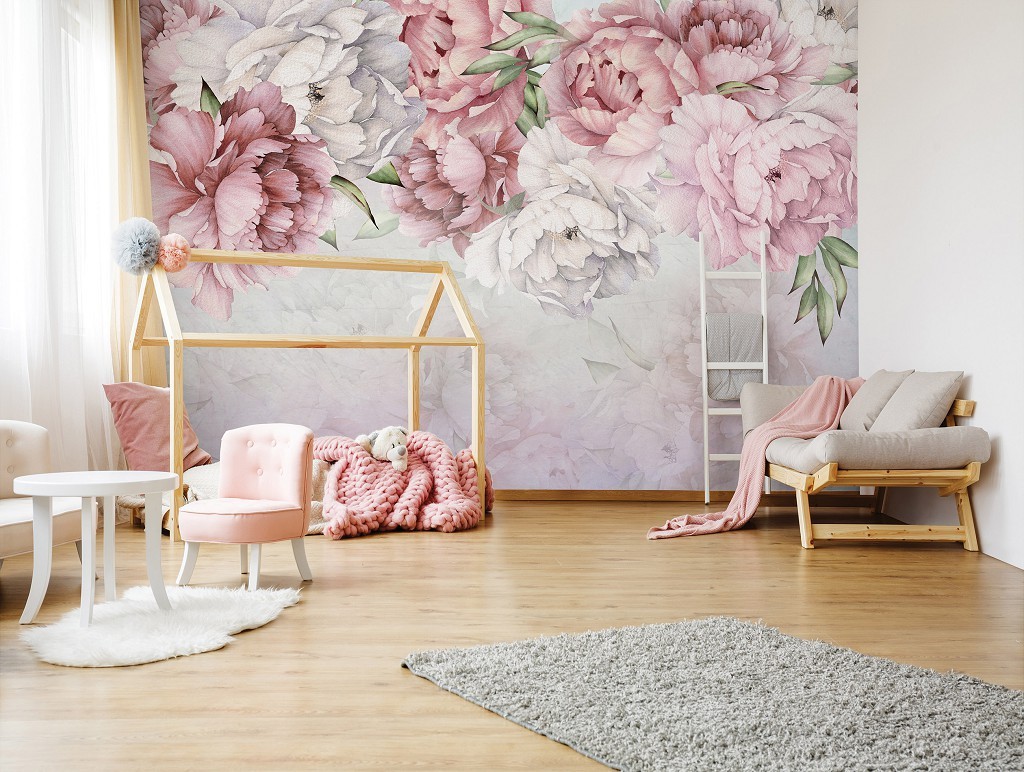 Фотошпалери флізелінові квіти 312 x 219 см Акварельні великі бутони півонії на стіні (13926VEXXL)+клей