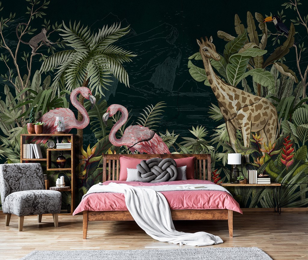 Фотошпалери флізелінові 312 x 219 см Намальовані жирафа і два фламінго в тропіках (13931VEXXL)+клей