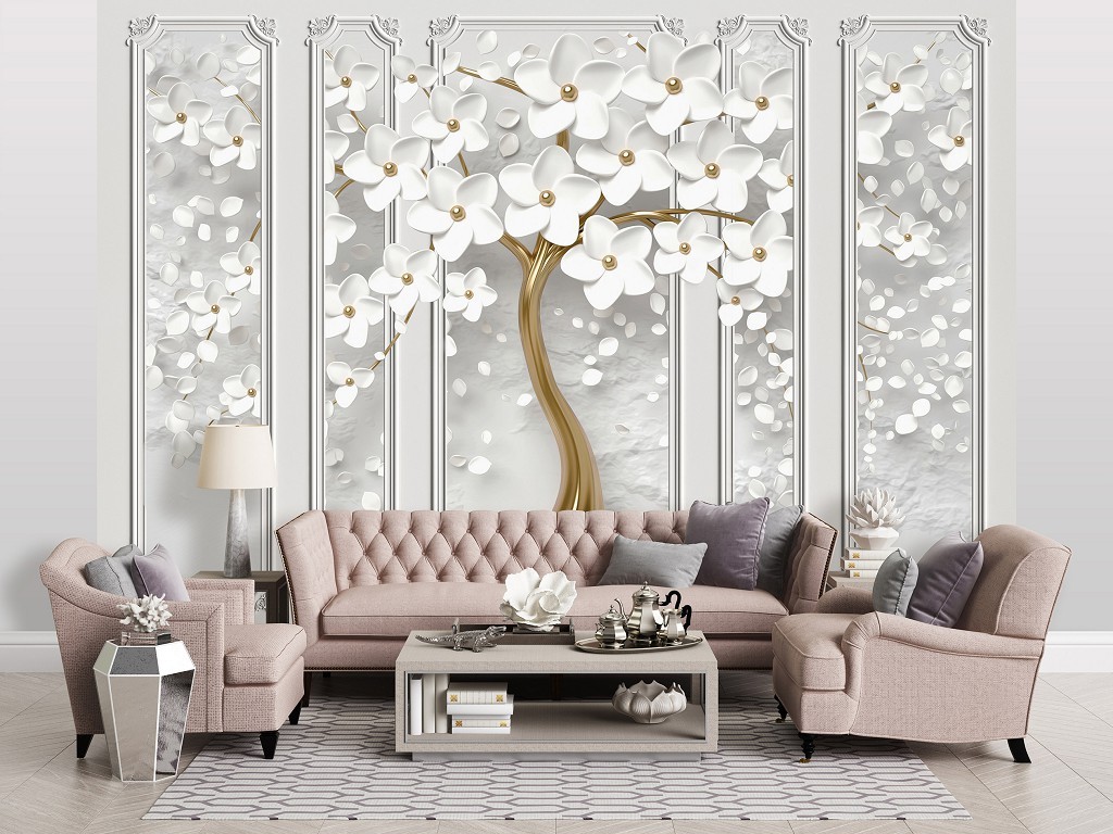 Фотообои 3D флизелиновые 368 x 254 см Золотое дерево с белыми цветами и колоннами (13933V8)+клей