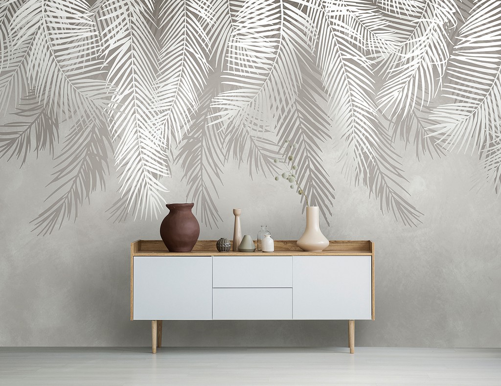 Флізелінові фотошпалери сіро-бежеві пір'я 368 x 280 см Природа - Пальмові листя (13934V10)+клей