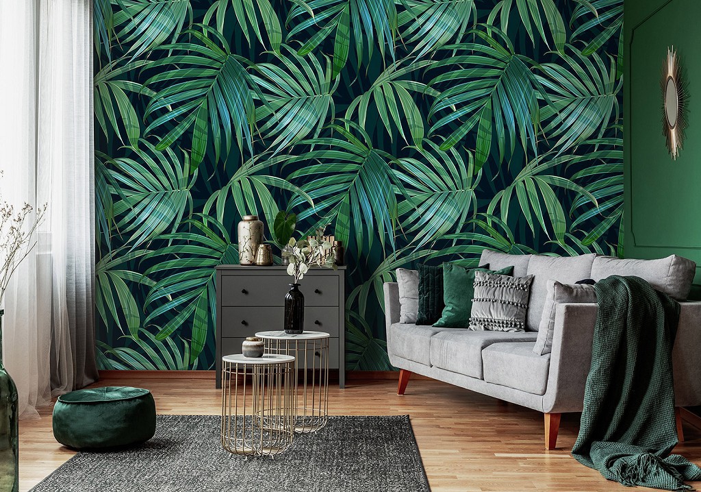 Флизелиновые 3д фотообои 312x219 см Огромные зеленые листья на черном фоне (13949VEXXL) +клей