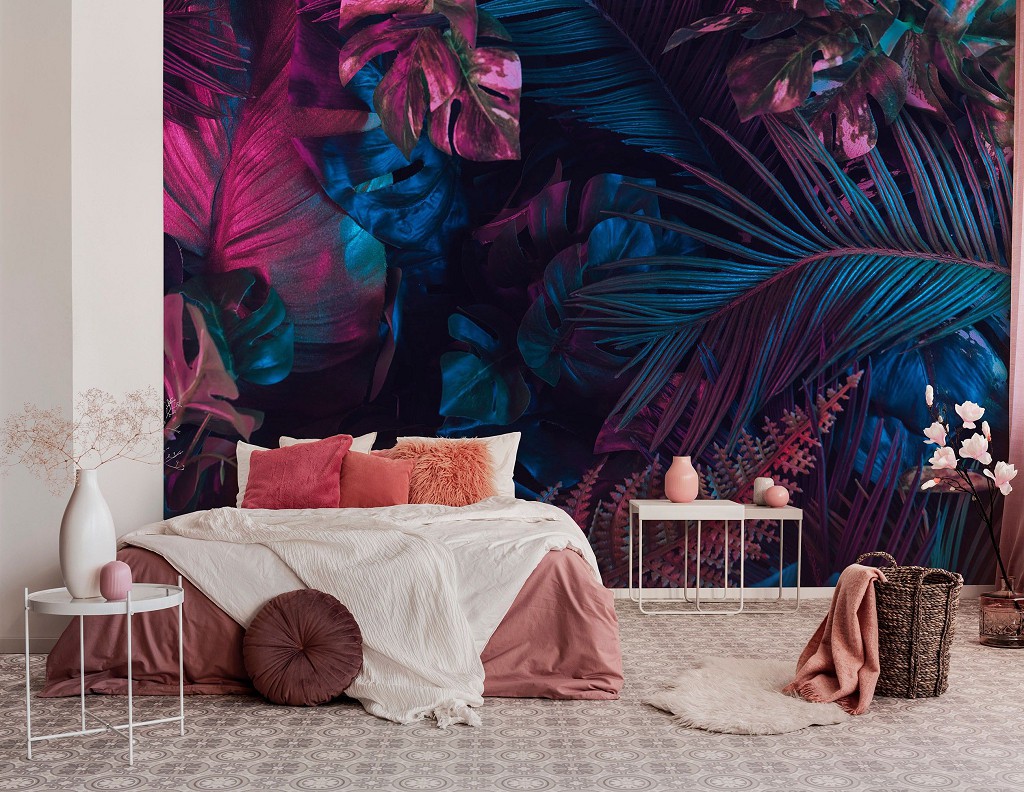 Флизелиновые фотообои листья 368x280 см 3Д Огромные синие цветы на черном фоне (13950V10) +клей