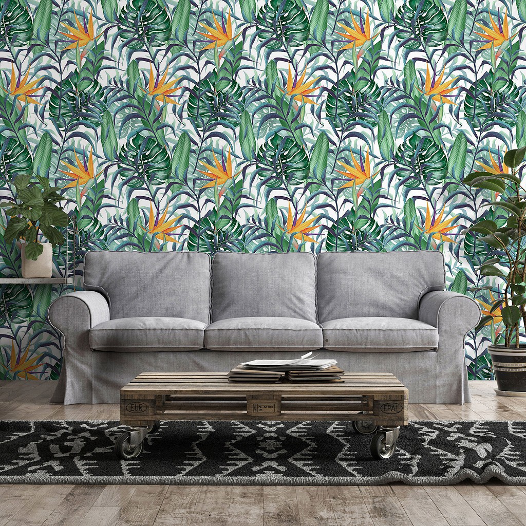 Флізелінові фотошпалери на всю стіну 416x290 см Зелене та жовте листя на білому тлі (13951VEXXXXL) +клей