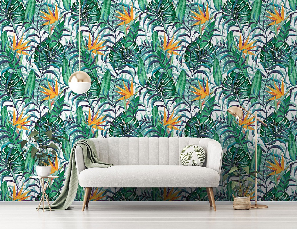 Флізелінові фотошпалери монстера 416x254 см Зелене та жовте листя на білому тлі (13951VEXXXL) +клей