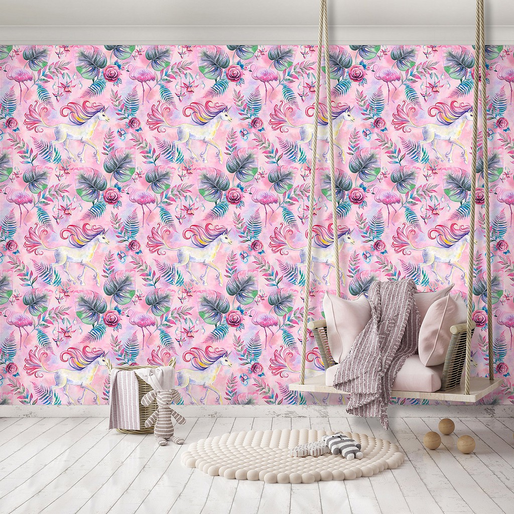 Детские флизелиновые фотообои для девочки 368x254 см Единороги фламинго и цветы на розовом фоне (13952V8) +клей