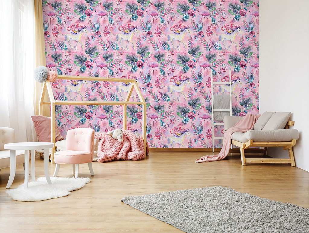 Дитячі флізелінові фотошпалери для дівчинки 312x219 см Єдинороги фламінго та квіти на рожевий фон (13952VEXXL) +клей