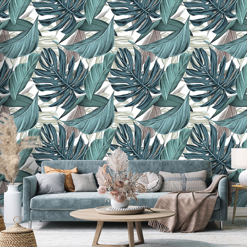 Флизелиновые фотообои цветы 416x254 см Огромные зеленые листья на белом фоне (13953VEXXXL) +клей