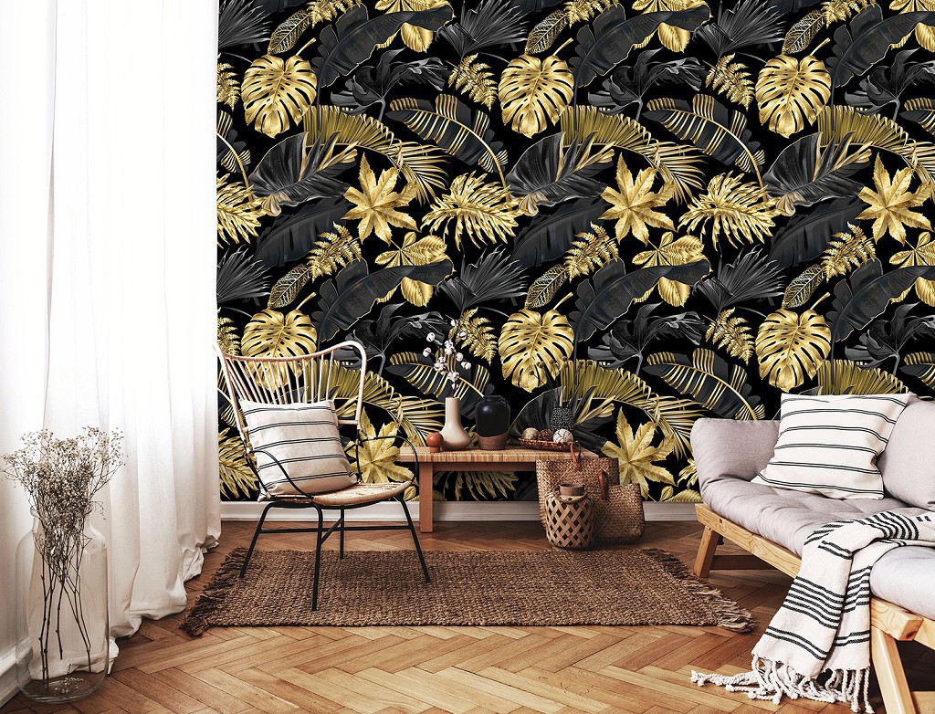 Флизелиновые фотообои тропические 254x184 см Золотые и черные листья (13954V4)+клей