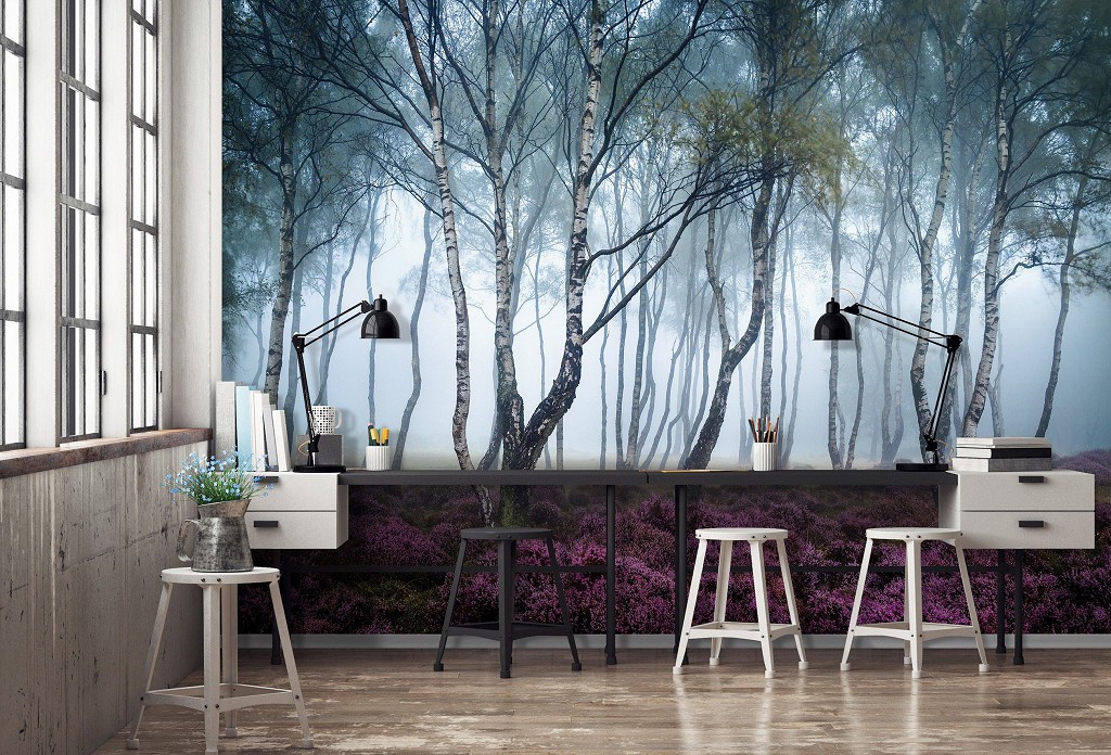 Флизелиновые фотообои деревья 460x300 см 3D Природа - Туманный березовый лес и вереск (13984V12) +клей