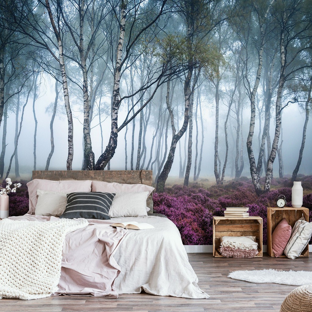 Флизелиновые фотообои деревья 312x219 см 3D Природа - Туманный березовый лес и вереск (13984VEXXL) +клей