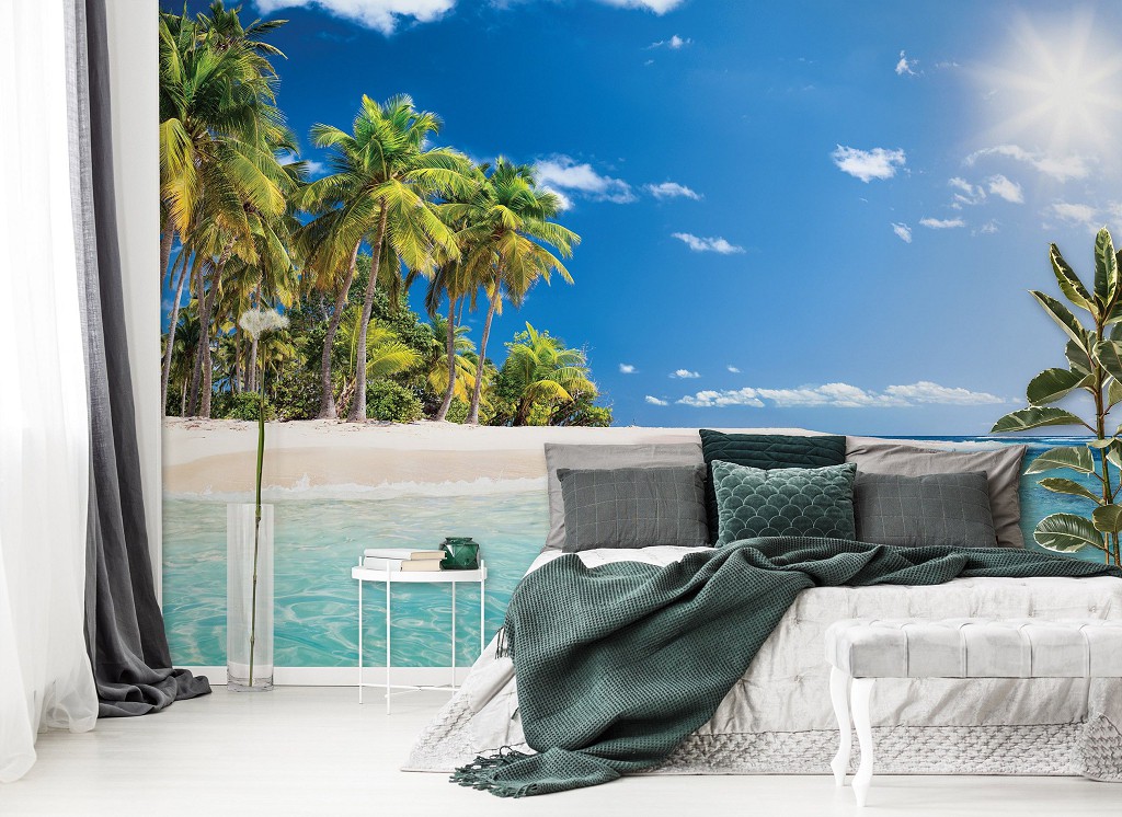 Флізелінові фото шпалери з листя пальми 254x184 см 3Д Ландшафт Райський пляж на Карибському острові (13990V4)+клей