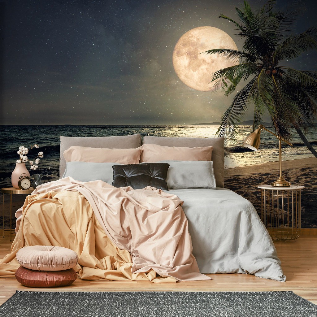 Флізелінові фотошпалери пальма 520x318 см 3D Ландшафт Море Повний місяць на пляжі (13999VEXXXXXL) +клей