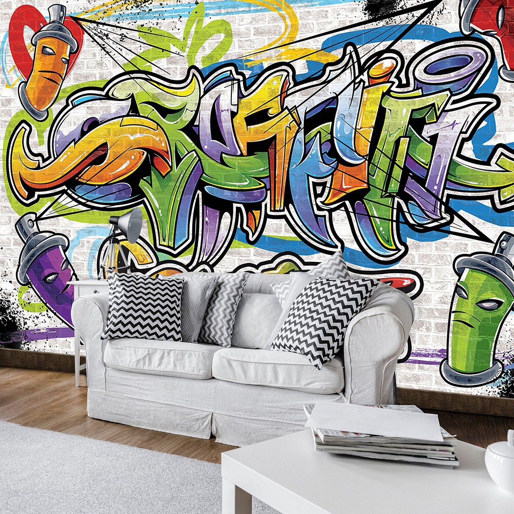 Надписи флизелиновые фотообои 368x254 см Для подростков Красочное граффити на кирпичной стене (1399V8)+клей