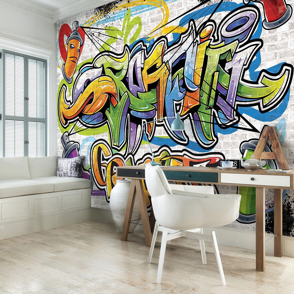 Фото обои 368x254 см Для подростков Красочное граффити на кирпичной стене (1399P8)+клей