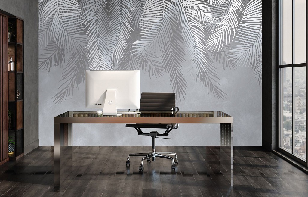 Популярні флізелінові фотошпалери 416x254 см Пальмові листи на сірий фон (14006VEXXXL) +клей