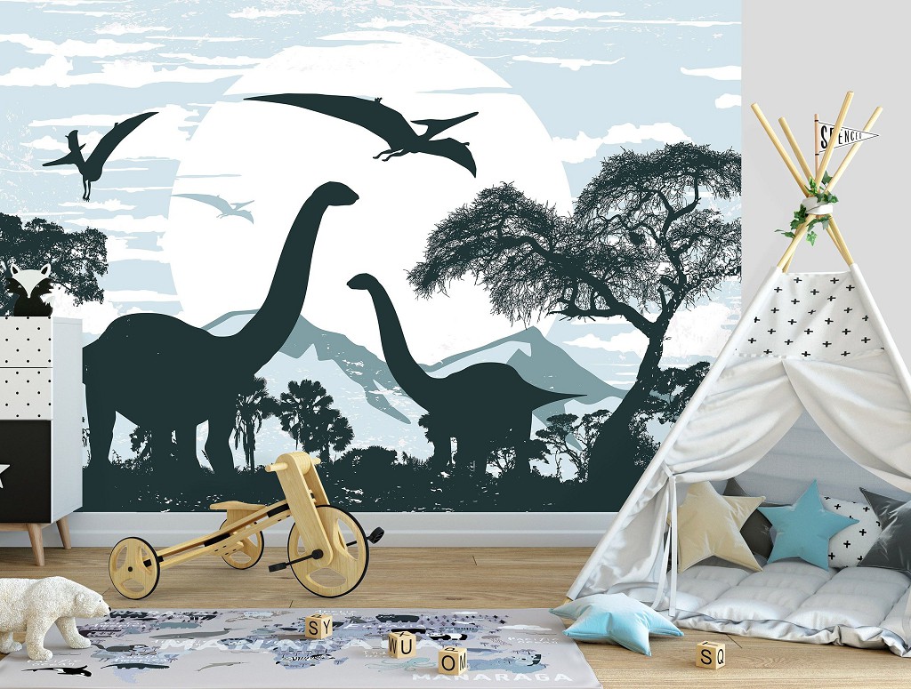 Флизелиновые фотообои для мальчика 368x254 см Детские Динозавры на фоне луны Cине-зеленый цвет (14010V8) +клей