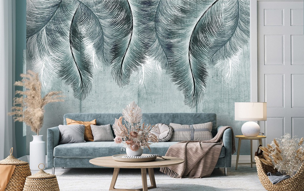 Флізелінові фотошпалери на всю стіну 368x254 см Темно-зелене пір'я на сірому фоні під бетон (14012V8) +клей