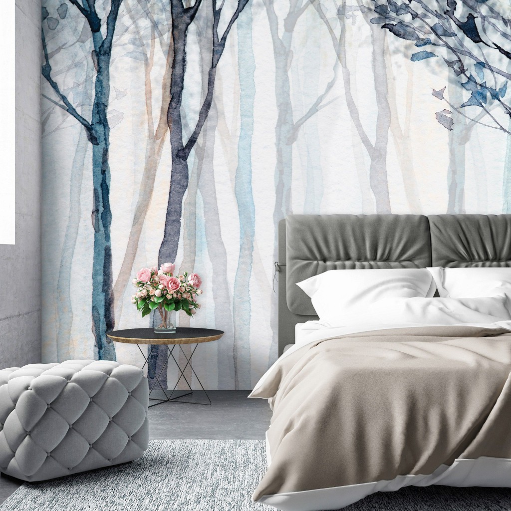 Флизелиновые фотообои 368x280 см Темные рисованные деревья на фоне бледного леса (14033V10) +клей