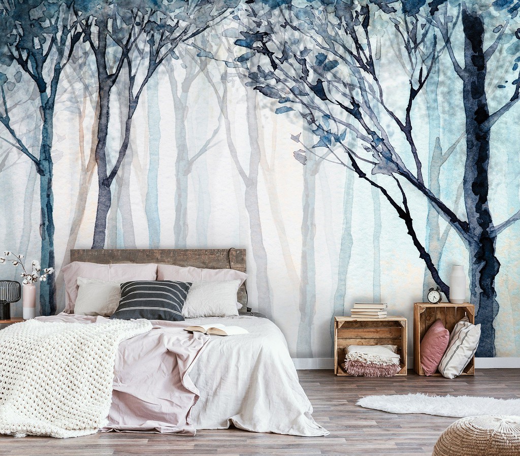 Флизелиновые фотообои 254x184 см Темные рисованные деревья на фоне бледного леса (14033V4) +клей