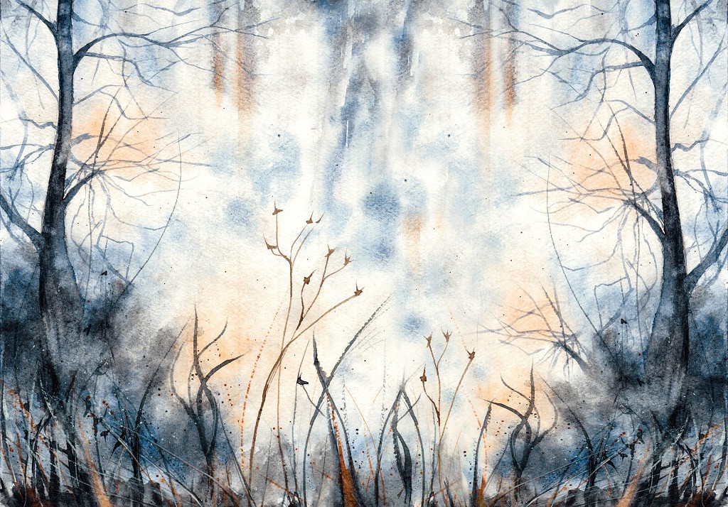 Флізелінові фотошпалери у вітальню 460x300 см Зображення темного лісу у мальованому стилі (14035V12) +клей