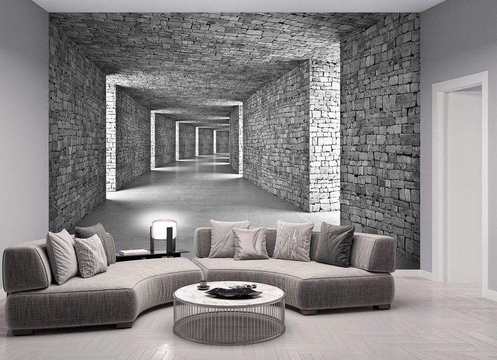Флізелінові фото шпалери цеглою 3D 254x184 см 3D Просторовий коридор - Сірий тунель (14036V4)+клей