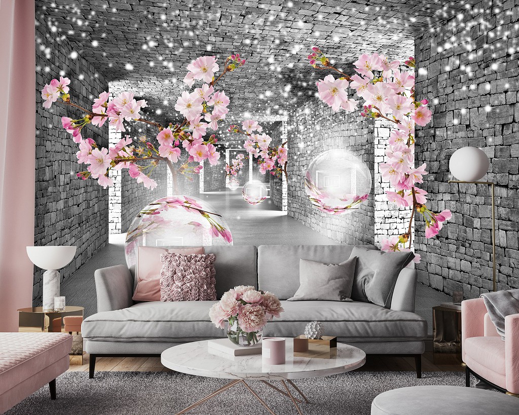 Флізелінові фотошпалери цегляна кладка 416x290 см 3D коридор сірий тунель з квітами та кулями (14037VEXXXXL) +клей