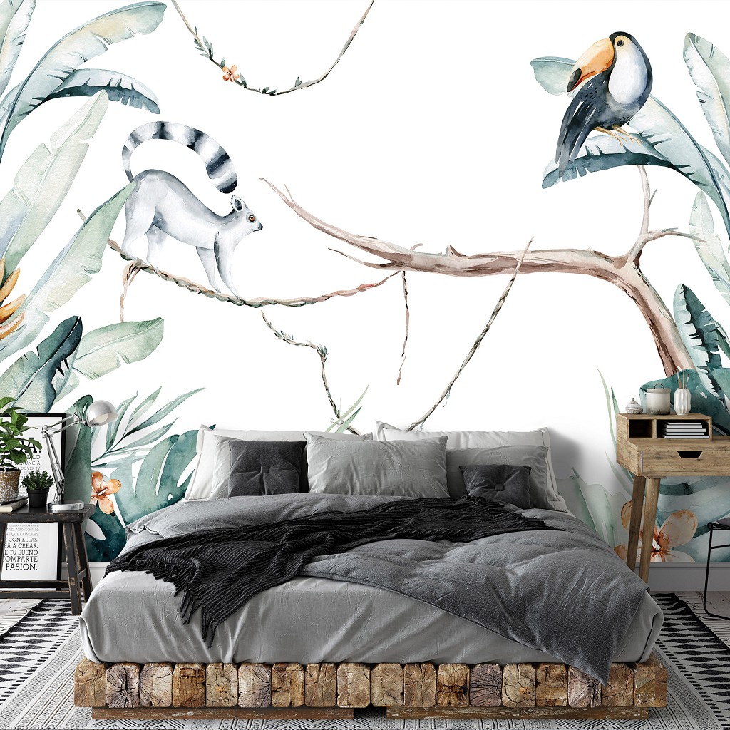 Детские флизелиновые фотообои для стен 312x219 см Природа Растения Акварель Животные в Джунглях (14071VEXXL) +клей