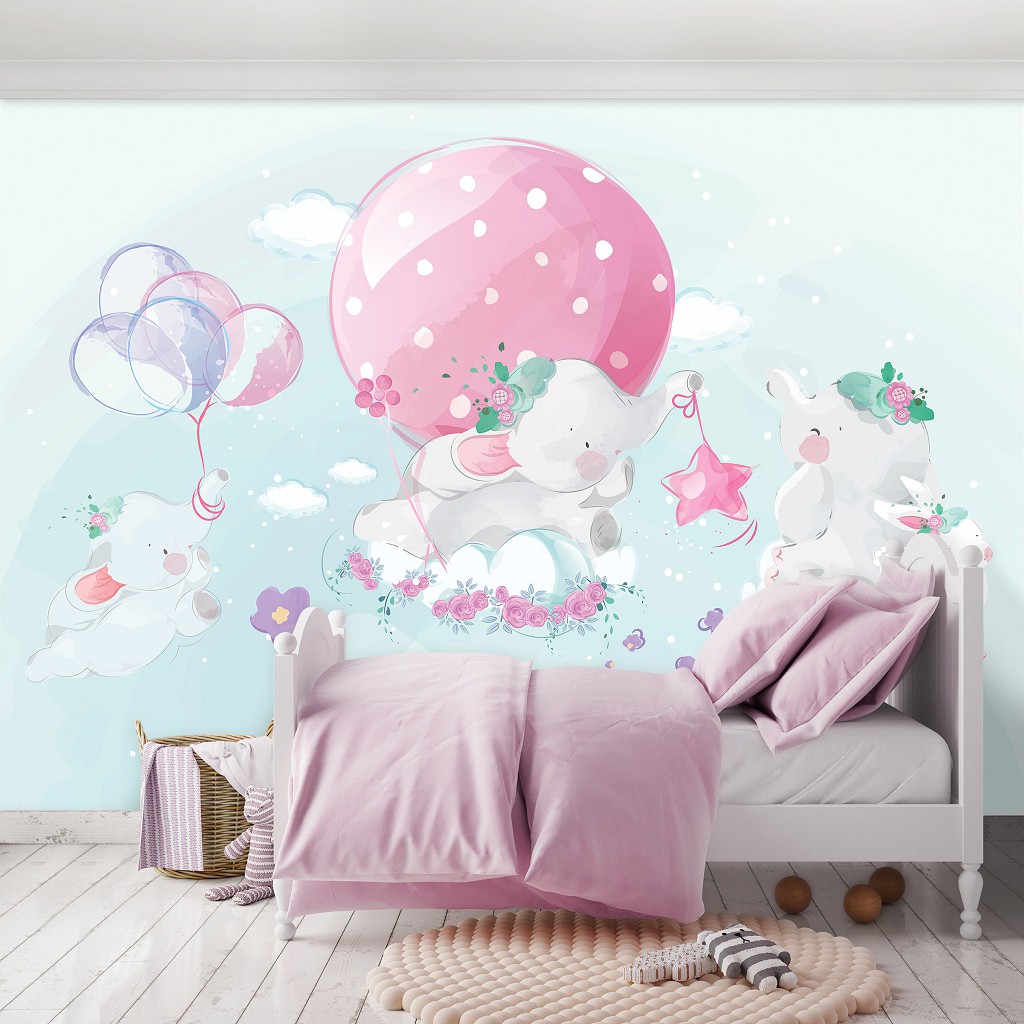Детские флизелиновые фотообои для девочки 416x290 см Слоны и Воздушные шарики (14072VEXXXXL) +клей