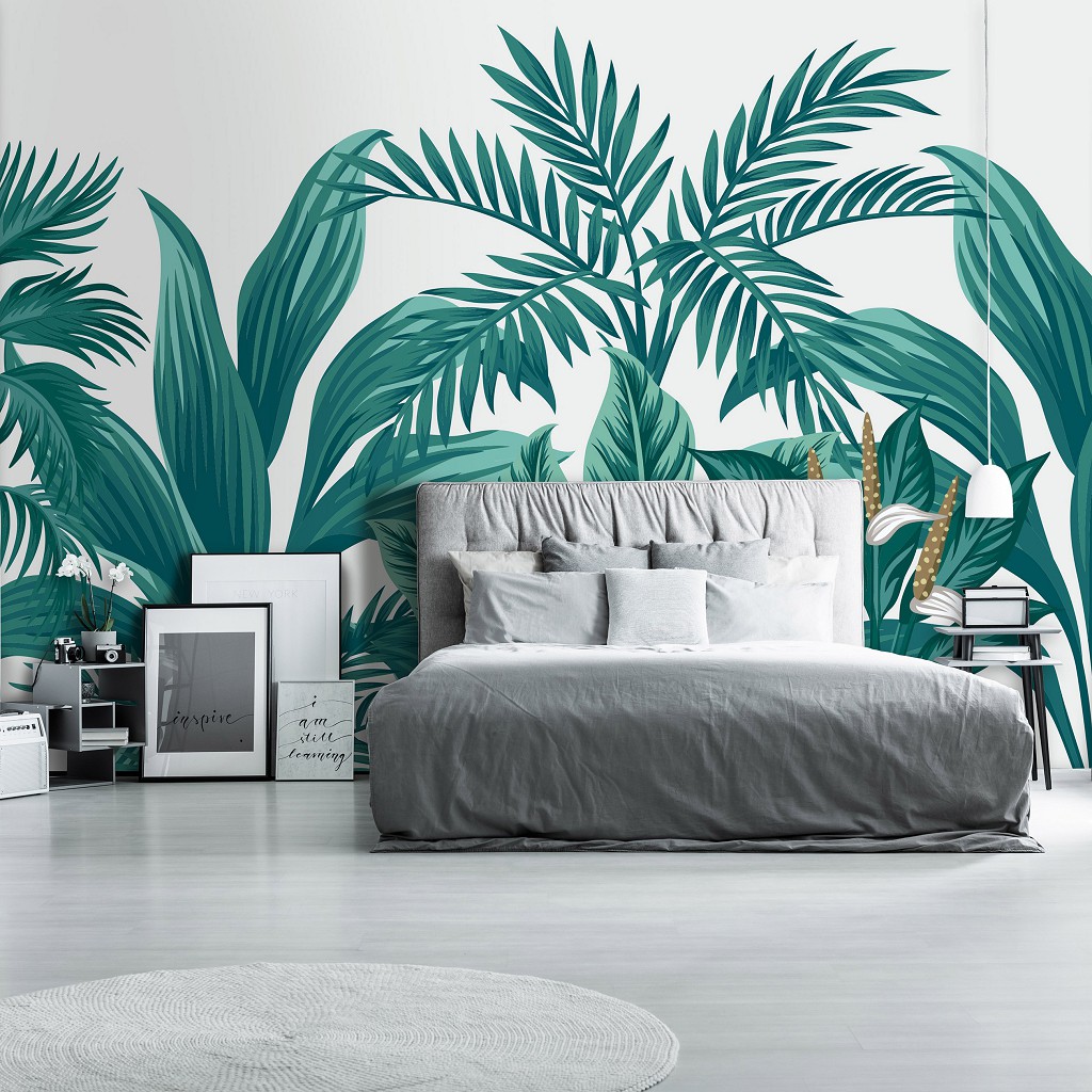 Флізелінові фотошпалери 416x254 см Тропічний зелений лист на білому тлі (14077VEXXXL) +клей