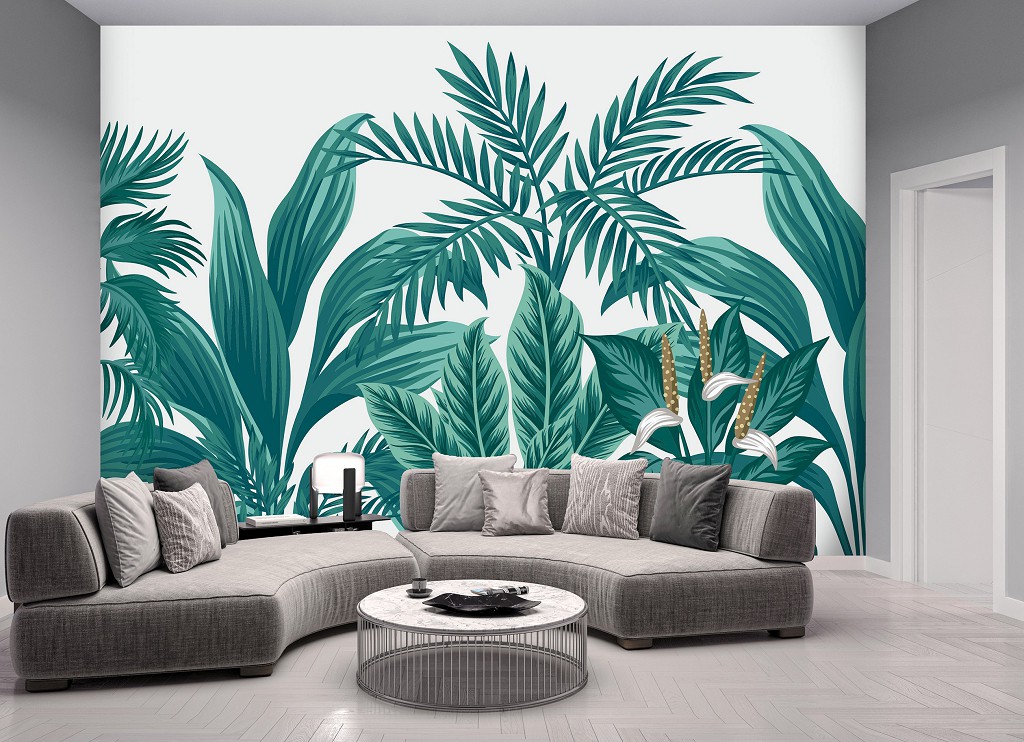 Рослинні флізелінові фотошпалери 368x280 см Тропічний зелений лист на білому тлі (14077V10) +клей