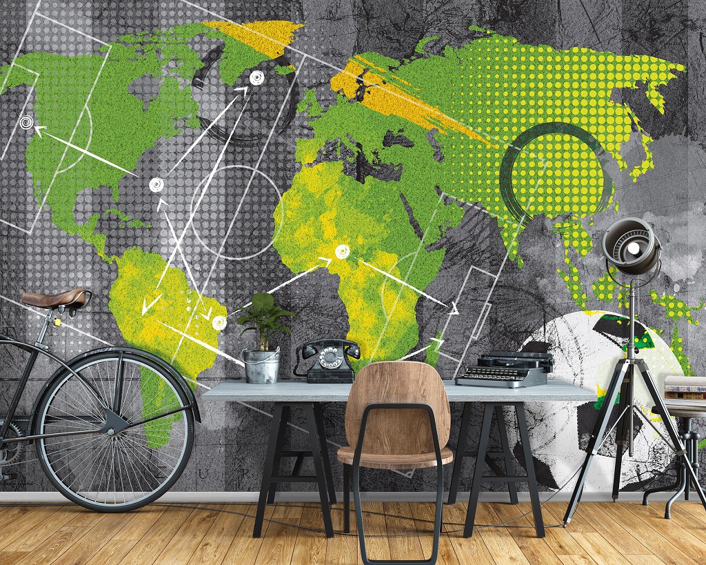 Флізелінові фотошпалери у дитячу хлопчика м'яч 460x300 см Карта світу на фоні стратегії футбольного матчу (14079V12) +клей