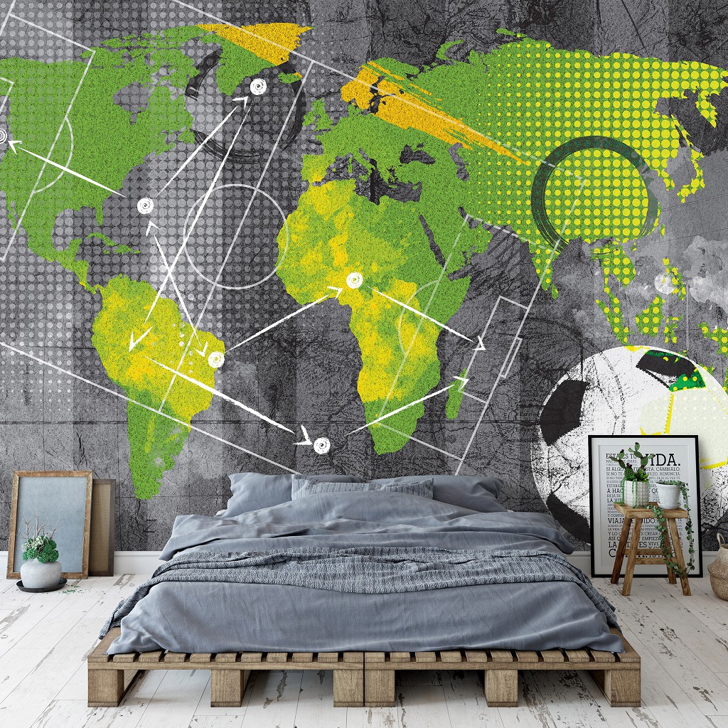 Флізелінові фотошпалери у дитячу хлопчика м'яч 520x318 см Карта світу на фоні стратегії футбольного матчу (14079VEXXXXXL) +клей