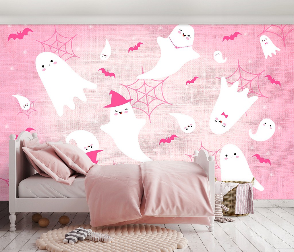 Флизелиновые фотообои для детской комнаты 416x290 см Девочке - Призраки и Летучие Мыши на розовом фоне (14080VEXXXXL) +клей
