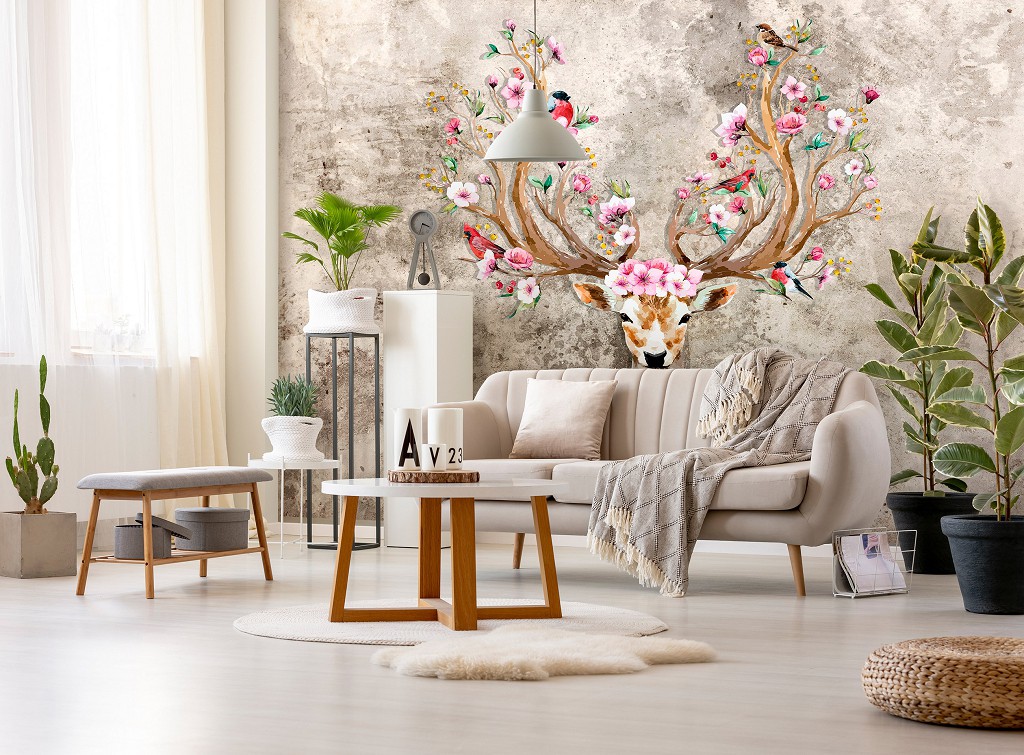 Флизелиновые фотообои стена Бохо Цветы Арт Абстракция Олень (14081V)+клей